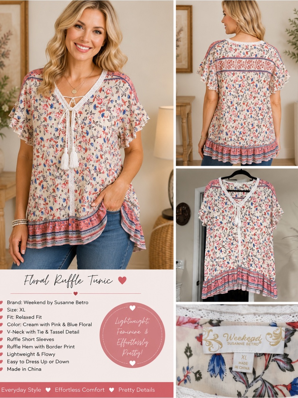 Cream Floral Ruffle Tunic with Tassel Tie